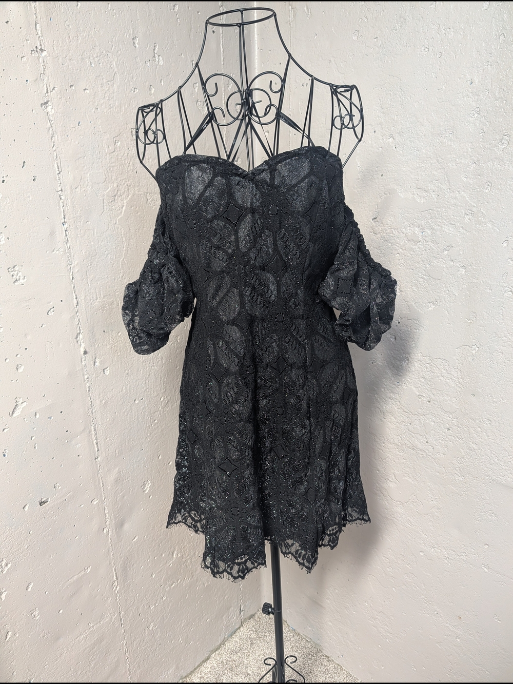 Lulus Black Metallic Lace Off Shoulder Puff Sleeve Mini Dress